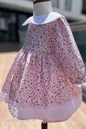 Bebe Yaka Dantel Detaylı Çiçekli Pembe Kız Çocuk Bebek Elbise