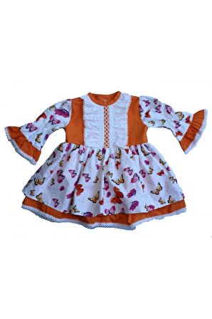 Dantel Ve Fırfır Detaylı Kelebek Desenli Turuncu Kız Çocuk Bebek Elbise