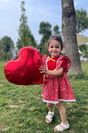 Dantel Ve Fırfır Detaylı Çiçekli Kırmızı Kız Çocuk Bebek Elbise