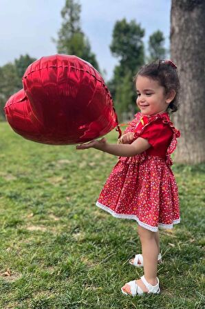 Dantel Ve Fırfır Detaylı Çiçekli Kırmızı Kız Çocuk Bebek Elbise
