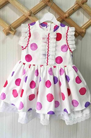 Dantel Ve Su Taşı Detaylı Puantiyeli Pembe Kız Çocuk Bebek Elbise