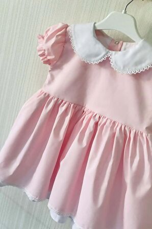 Dantel Detaylı Bebe Yaka Açık Pembe Kız Çocuk Bebek Tasarım Elbise