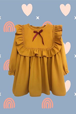 Fırfırlı Hardal Krep Kız Çocuk Bebek Elbise