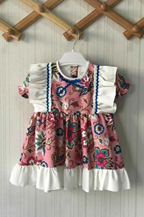 Su Taşı Detaylı Fırfırlı Çiçek Desenli Kız Çocuk Bebek Tasarım Elbise