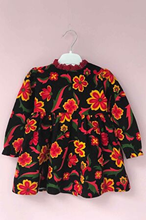 Dantel Yaka Çiçekli Siyah Pazen Kız Çocuk Bebek Elbise