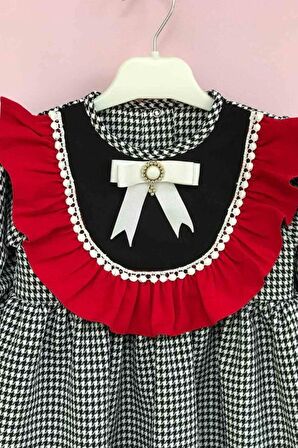 Broş Detaylı Kazayağı Desen Kız Çocuk Bebek Krep Elbise