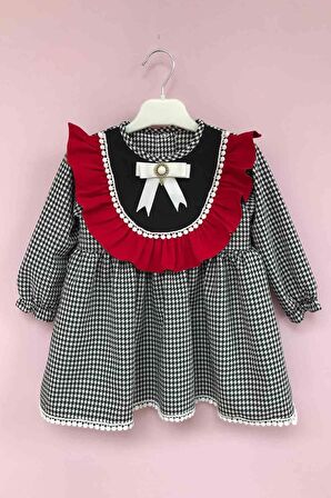 Broş Detaylı Kazayağı Desen Kız Çocuk Bebek Krep Elbise