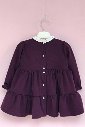 Nervür Ve Taş Detaylı Mürdüm Krep Kız Çocuk Elbise