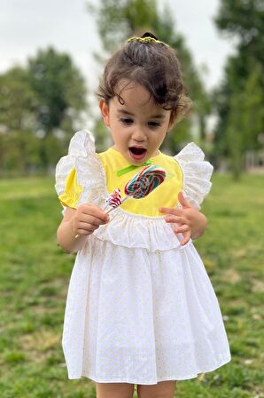 Puantiyeli Kısa Kol Sarı Kız Çocuk Bebek Yazlık Elbise