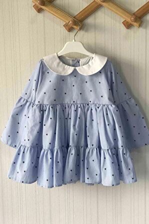 Çizgili Ve Yıldız Desenli Anne Kız Çocuk Bebek Mavi Pamuklu Elbise (Adet Fiyattır)