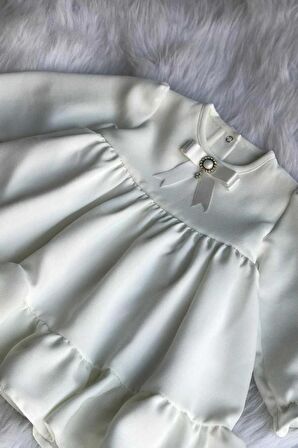 Broş Detaylı Özel Tasarım Kırık Beyaz Krep Kız Çocuk Bebek Mevlüt Doğum Günü Düğün Elbise