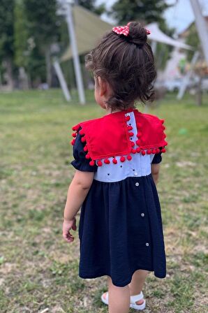 Bahriye Yaka Kırmızı Ponponlu Tasarım Kız Çocuk Bebek Mavi Elbise