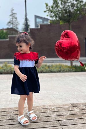 Bahriye Yaka Kırmızı Ponponlu Tasarım Kız Çocuk Bebek Mavi Elbise