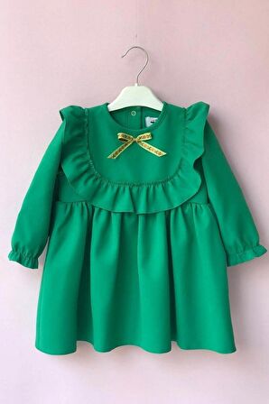Fırfır Ve Kurdele Detaylı Tasarım Yeşil Kız Çocuk Bebek Elbise