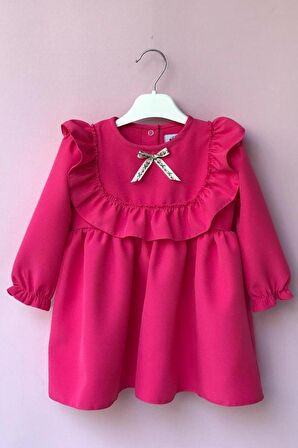 Fırfır Ve Kurdele Detaylı Tasarım Şeker Pembe Kız Çocuk Bebek Elbise