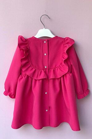 Fırfır Ve Kurdele Detaylı Tasarım Şeker Pembe Kız Çocuk Bebek Elbise