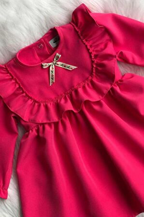 Fırfır Ve Kurdele Detaylı Tasarım Şeker Pembe Kız Çocuk Bebek Elbise