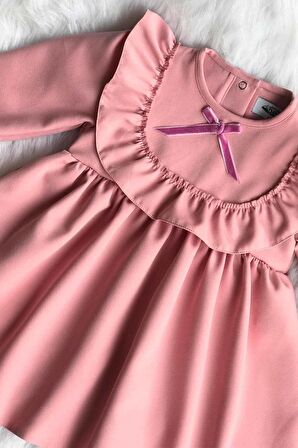 Fırfır ve Kurdele Detaylı Tasarım Krep Pudra Pembe Kız Çocuk Bebek Elbise