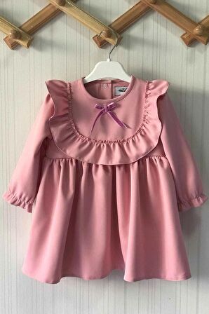 Fırfır ve Kurdele Detaylı Tasarım Krep Pudra Pembe Kız Çocuk Bebek Elbise