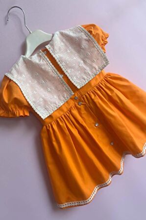 Ekru Fisto Yaka Dantel Detaylı Turuncu Kız Çocuk Bebek Tasarım Elbise