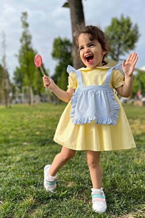 Mavi Pötikare Önlük Detaylı Sarı Poplin Kız Çocuk Bebek Elbise