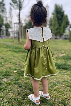 Fisto Yaka Detaylı Kolsuz Pamuklu Yeşil Kız Çocuk Bebek Elbise