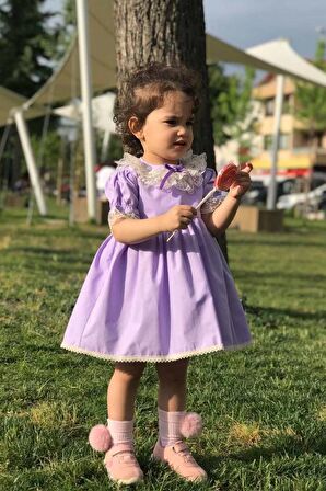 Dantel Yaka Kurdele Detaylı Özel Tasarım Lila Kız Çocuk Bebek Elbise