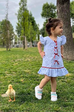 Kadife Kurdele Detaylı Kolsuz Fırfırlı Mavi Çizgili Kız Çocuk Bebek Elbise