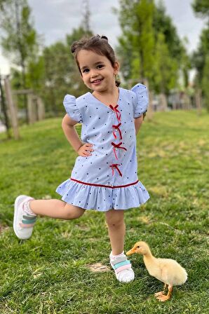 Kadife Kurdele Detaylı Kolsuz Fırfırlı Mavi Çizgili Kız Çocuk Bebek Elbise