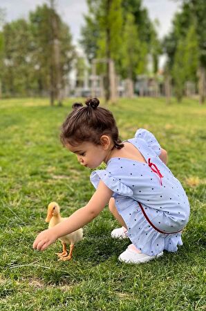 Kadife Kurdele Detaylı Kolsuz Fırfırlı Mavi Çizgili Kız Çocuk Bebek Elbise