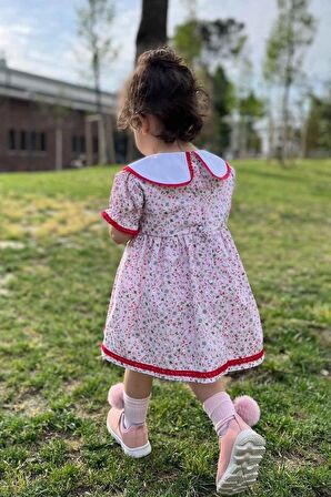 Dantel Detaylı Bebe Yaka Çiçekli Tasarım Kız Çocuk Bebek Elbise