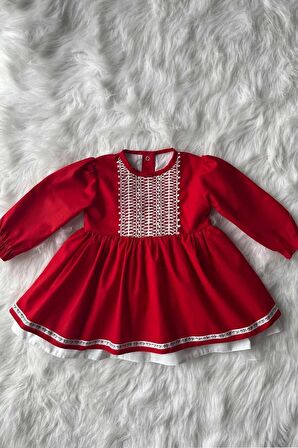 Dantel Ve Kurdele Detaylı Kırmızı Kız Çocuk Bebek Bayram 23 Nisan Elbise