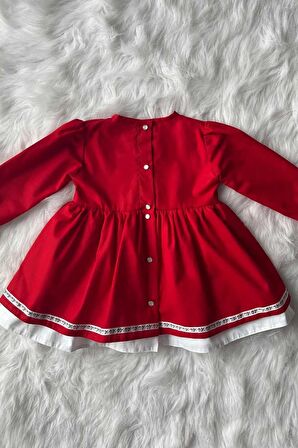 Dantel Ve Kurdele Detaylı Kırmızı Kız Çocuk Bebek Bayram 23 Nisan Elbise