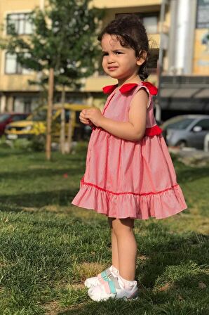 Fiyonk ve Fırfır Detaylı Özel Tasarım Kız Çocuk Bebek Kırmızı Çizgili Elbise