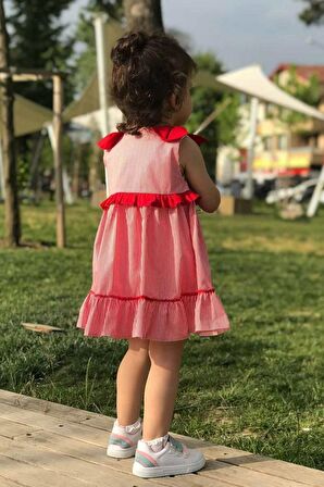 Fiyonk ve Fırfır Detaylı Özel Tasarım Kız Çocuk Bebek Kırmızı Çizgili Elbise