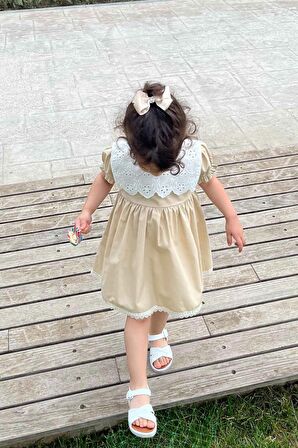 Dantel Detaylı Fisto Yaka Camel Poplin Kız Çocuk Bebek Elbise