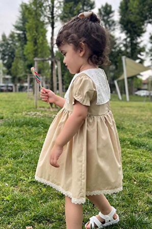Dantel Detaylı Fisto Yaka Camel Poplin Kız Çocuk Bebek Elbise