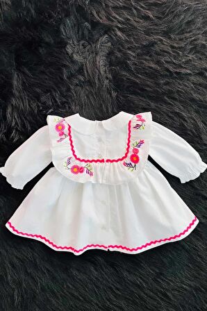 Nakış Ve Su Taşı Detaylı Beyaz Poplin Pamuklu Kız Çocuk Bebek Mevlüt Elbise