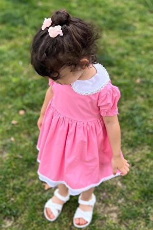 Dantel Detaylı Bebe Yaka Pembe Poplin Kız Çocuk Bebek Elbise