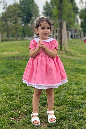 Dantel Detaylı Bebe Yaka Pembe Poplin Kız Çocuk Bebek Elbise