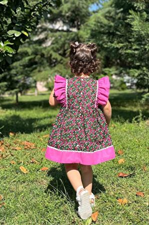 Su Taşı Detaylı Fırfırlı Çiçekli Poplin Kız Çocuk Bebek Elbise