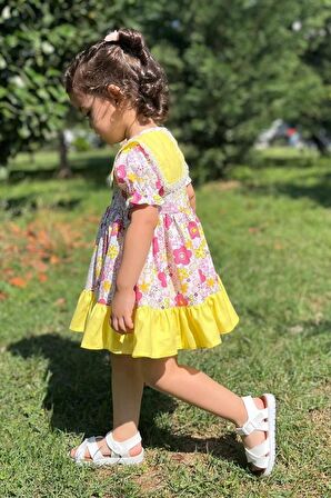 Dantel Detaylı Bahriye Yaka Çiçekli Renkli Sarı Kız Çocuk Bebek Elbise