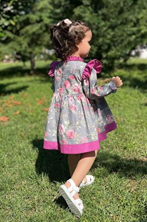Fırfırlı Gül Desenli Kız Çocuk Bebek Gri Pembe Elbise