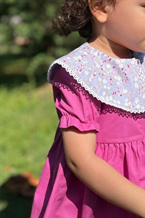 Dantel Detaylı Çiçekli Yaka Menekşe Moru Kız Çocuk Bebek Elbise