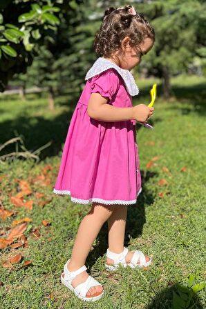 Dantel Detaylı Çiçekli Yaka Menekşe Moru Kız Çocuk Bebek Elbise