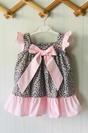 Fiyonk Ve Fırfırlı Petek Desenli Renkli Pembe Kız Çocuk Bebek Tasarım Elbise