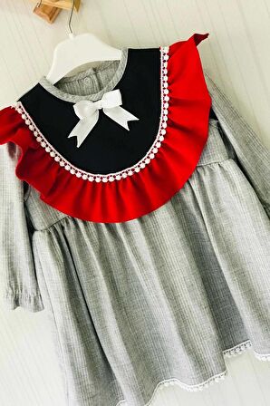 Dantel Ve Fırfır Detaylı Gri Krep Kız Çocuk Bebek Elbise