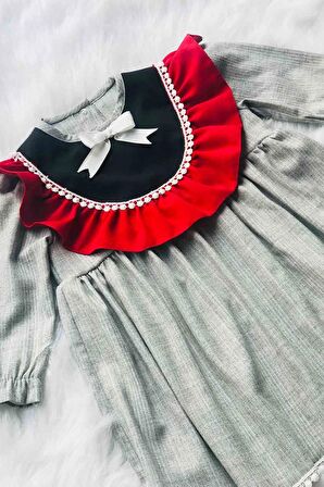 Dantel Ve Fırfır Detaylı Gri Krep Kız Çocuk Bebek Elbise