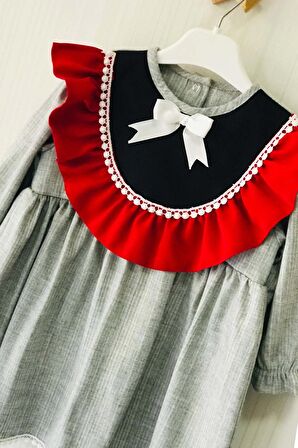 Dantel Ve Fırfır Detaylı Gri Krep Kız Çocuk Bebek Elbise