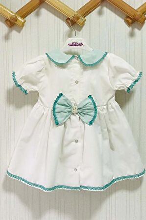 Yeşil Bebe Yaka Dantel Ve Fiyonk Detaylı Özel Tasarım Ekru Kız Çocuk Bebek Elbise Ve Bandana Takımı